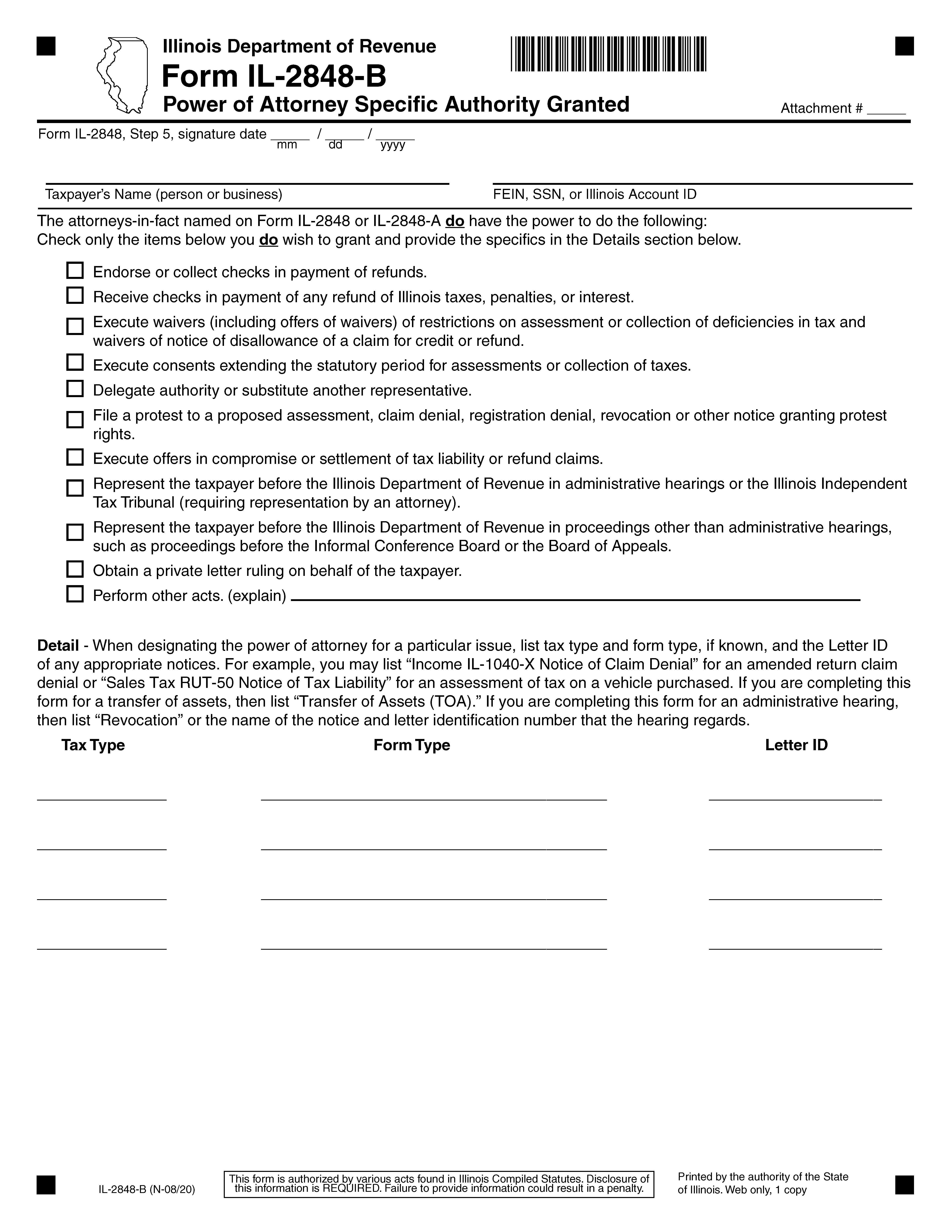 Power Of Attorney Specific Authority Granted {IL-2848-B} | Pdf Fpdf Docx | Illinois