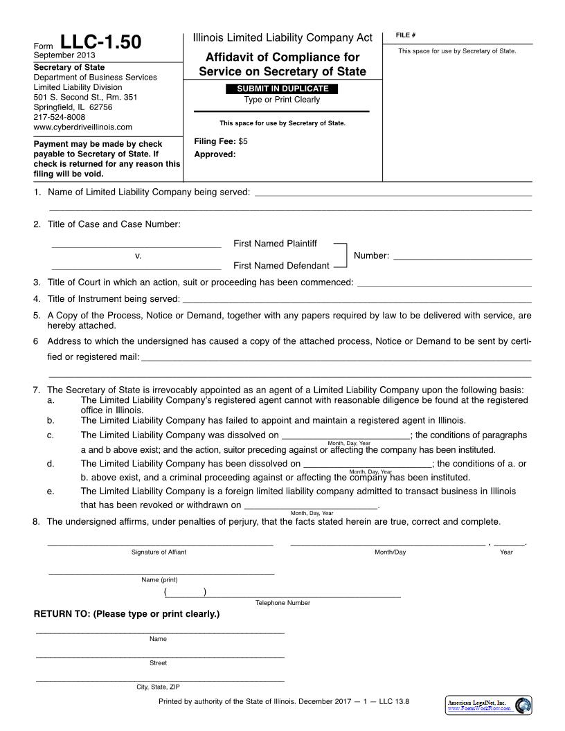 Affidavit Of Compliance For Service On Secretary Of State {LLC-1.50} | Pdf Fpdf Docx | Illinois