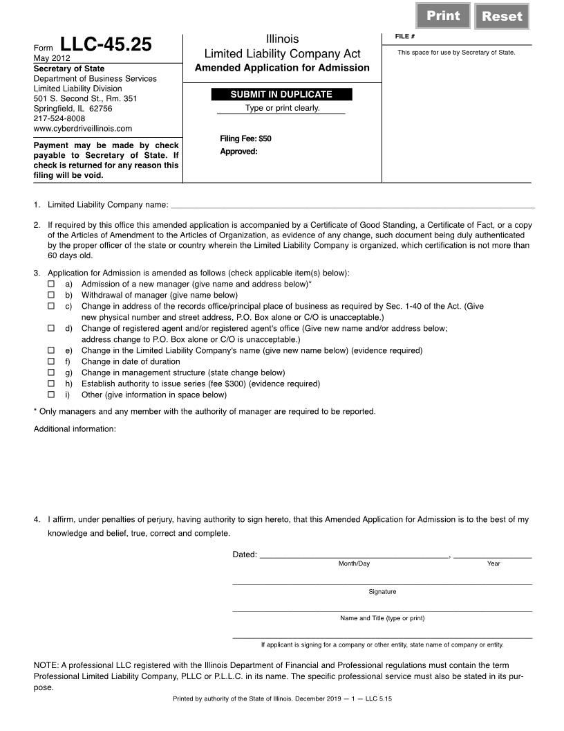 Amended Application For Admission {LLC-45.25} | Pdf Fpdf Docx | Illinois