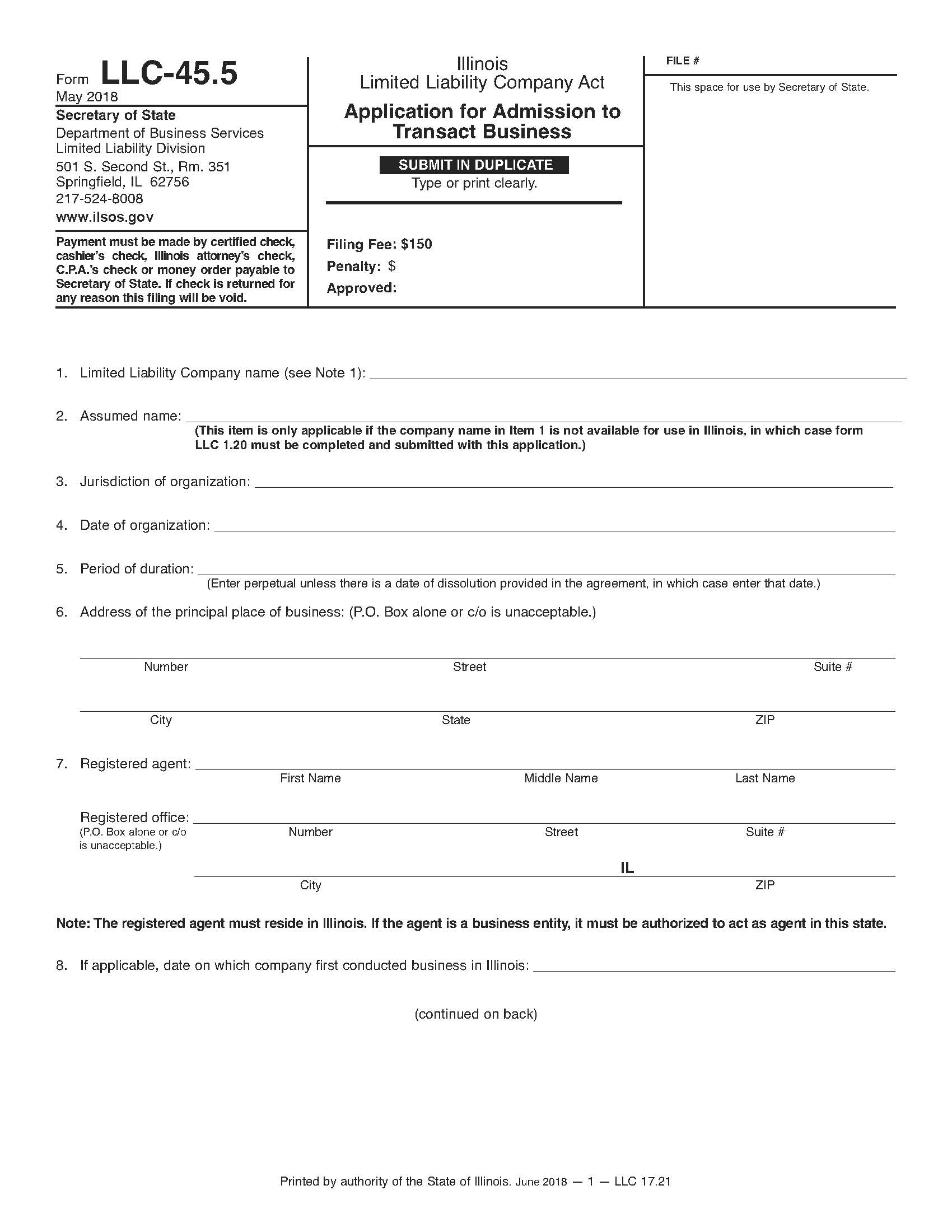 Application For Admission To Transact Business {LLC-45.5} | Pdf Fpdf Docx | Illinois