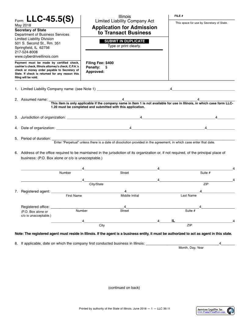 Application For Admission To Transact Business Series {LLC-45.5(S)} | Pdf Fpdf Docx | Illinois