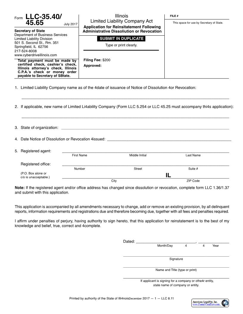 Application For Reinstatement Following Administrative Dissolution Or Revocation {LLC-35.40-45.65} | Pdf Fpdf Docx | Illinois