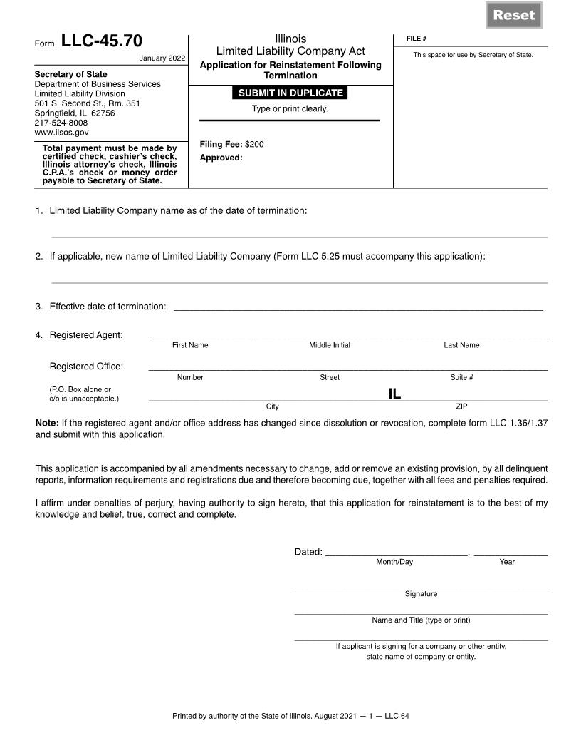 Application For Reinstatement Following Termination {LLC-45.70} | Pdf Fpdf Docx | Illinois