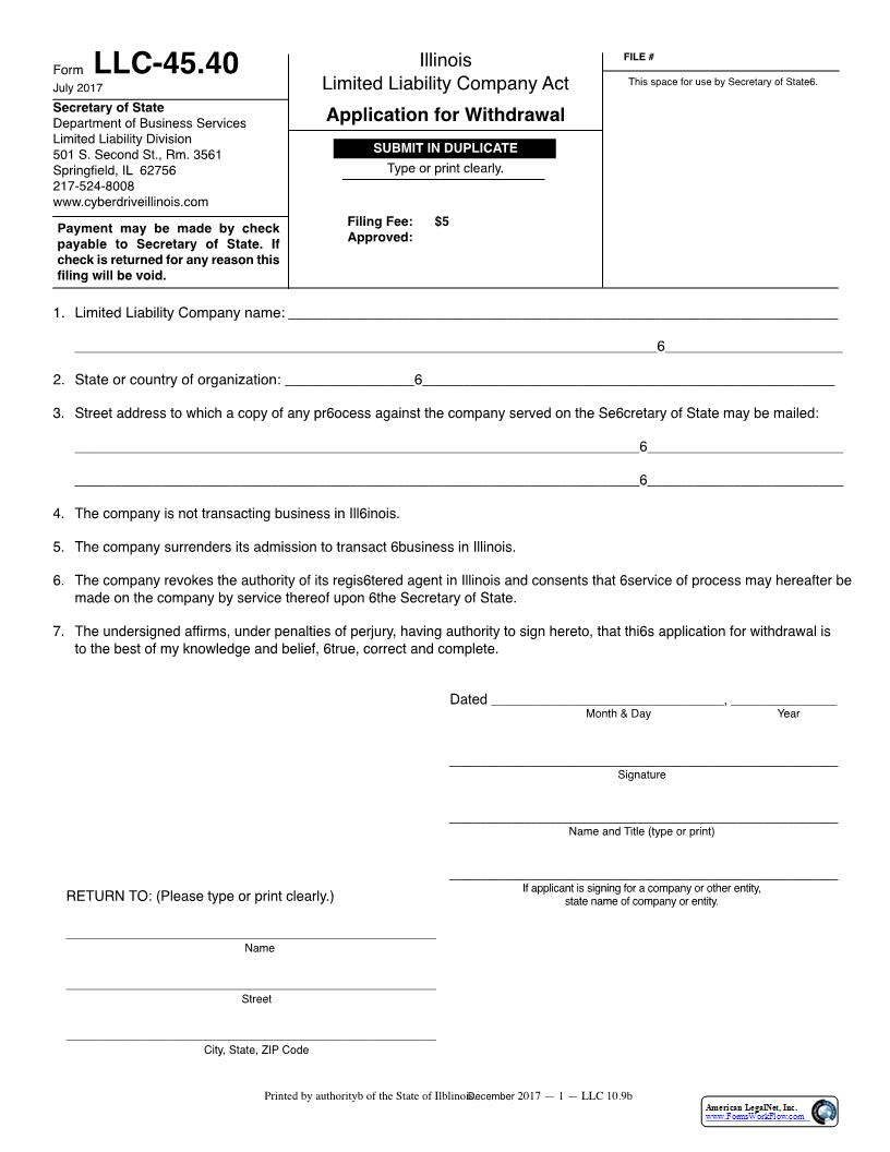 Application For Withdrawal {LLC-45.40} | Pdf Fpdf Docx | Illinois