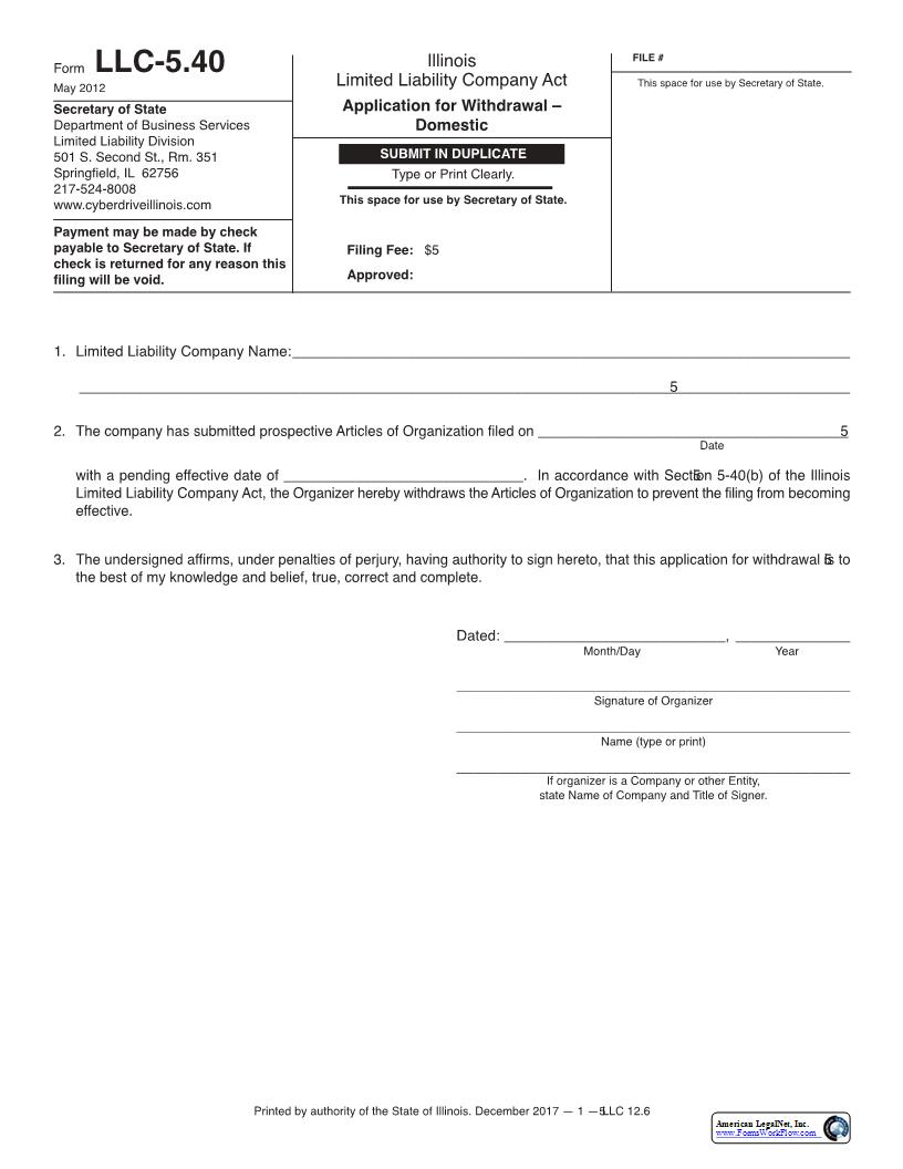 Application For Withdrawal Domestic {LLC-5.40} | Pdf Fpdf Docx | Illinois
