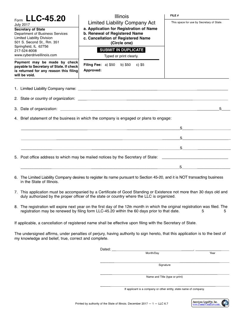 Application Renewal Cancellation Of Registered Name {LLC-45.20} | Pdf Fpdf Docx | Illinois