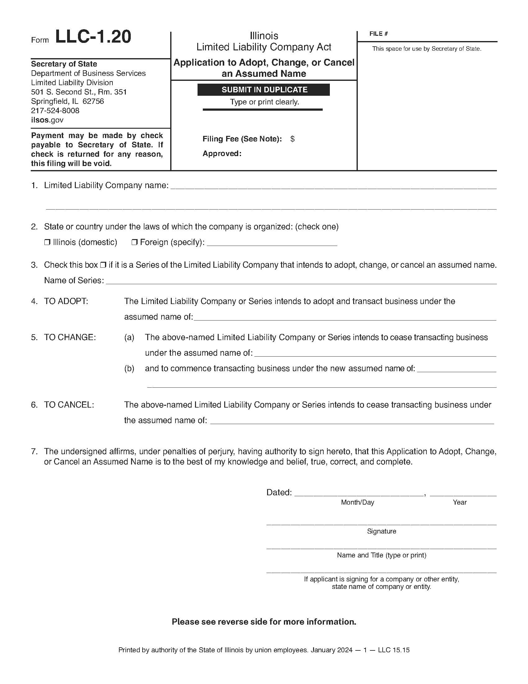 Application To Adopt Change Or Cancel An Assumed Name {LLC-1.20} | Pdf Fpdf Docx | Illinois