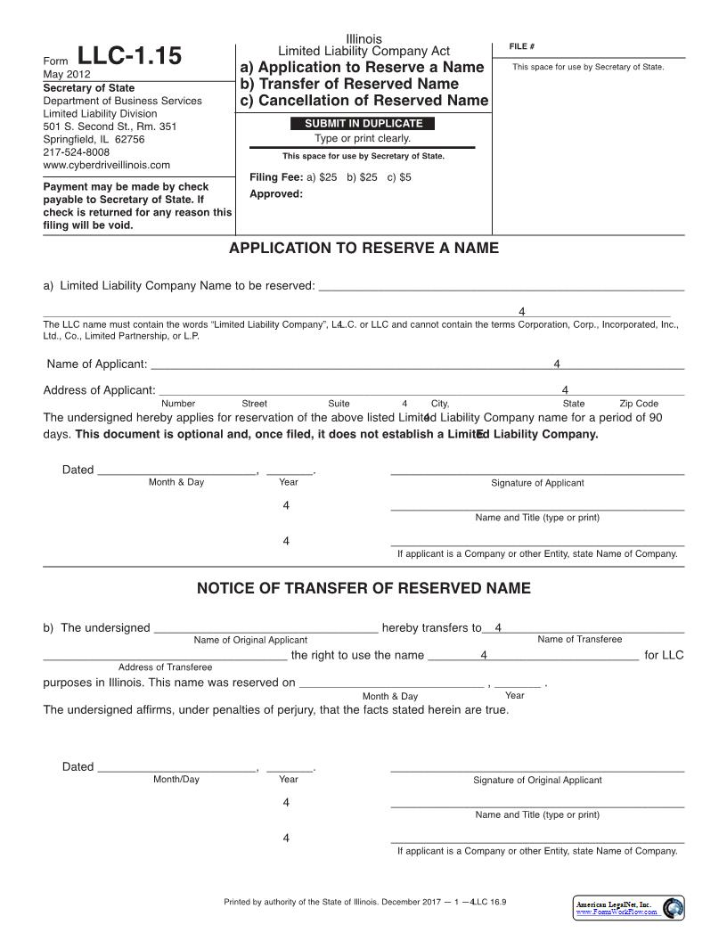 Application-Transfer-Cancellation Of Reserved Name {LLC-1.15} | Pdf Fpdf Docx | Illinois