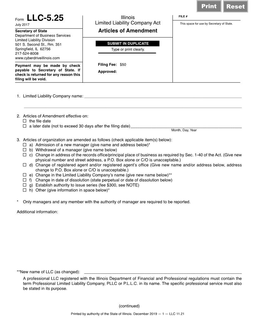 Articles Of Amendment {LLC-5.25} | Pdf Fpdf Docx | Illinois