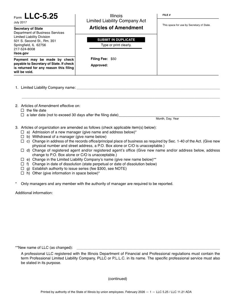 Articles Of Amendment {LLC-5.25} | Pdf Fpdf Docx | Illinois