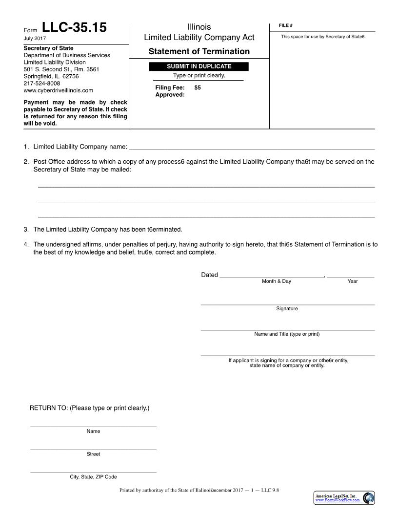 Articles Of Dissolution {LLC-35.15} | Pdf Fpdf Docx | Illinois