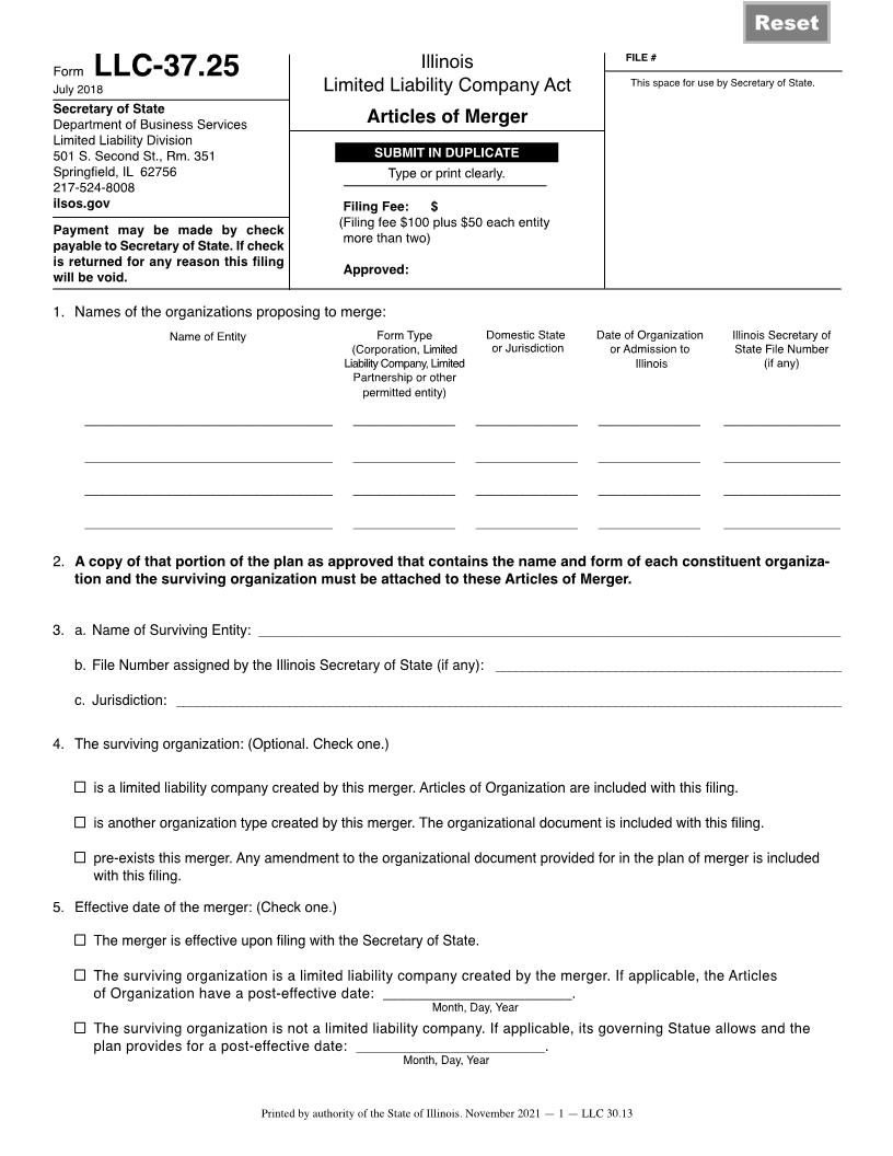 Articles Of Merger {LLC-37.25} | Pdf Fpdf Docx | Illinois