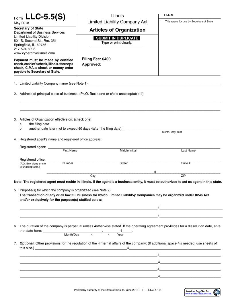 Articles Of Organization Series {LLC-5.5(S)} | Pdf Fpdf Docx | Illinois