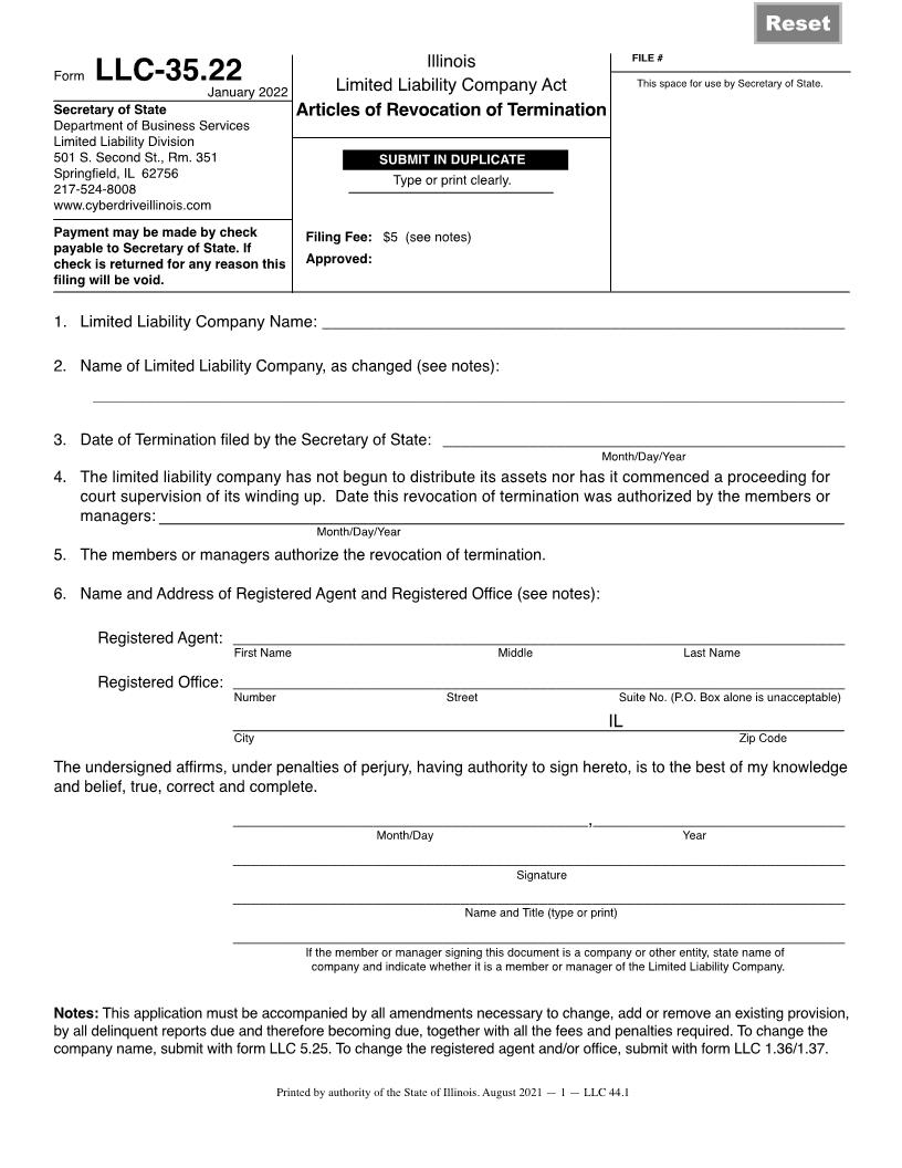Articles Of Revocation Of Termination {LLC-35.22} | Pdf Fpdf Docx | Illinois