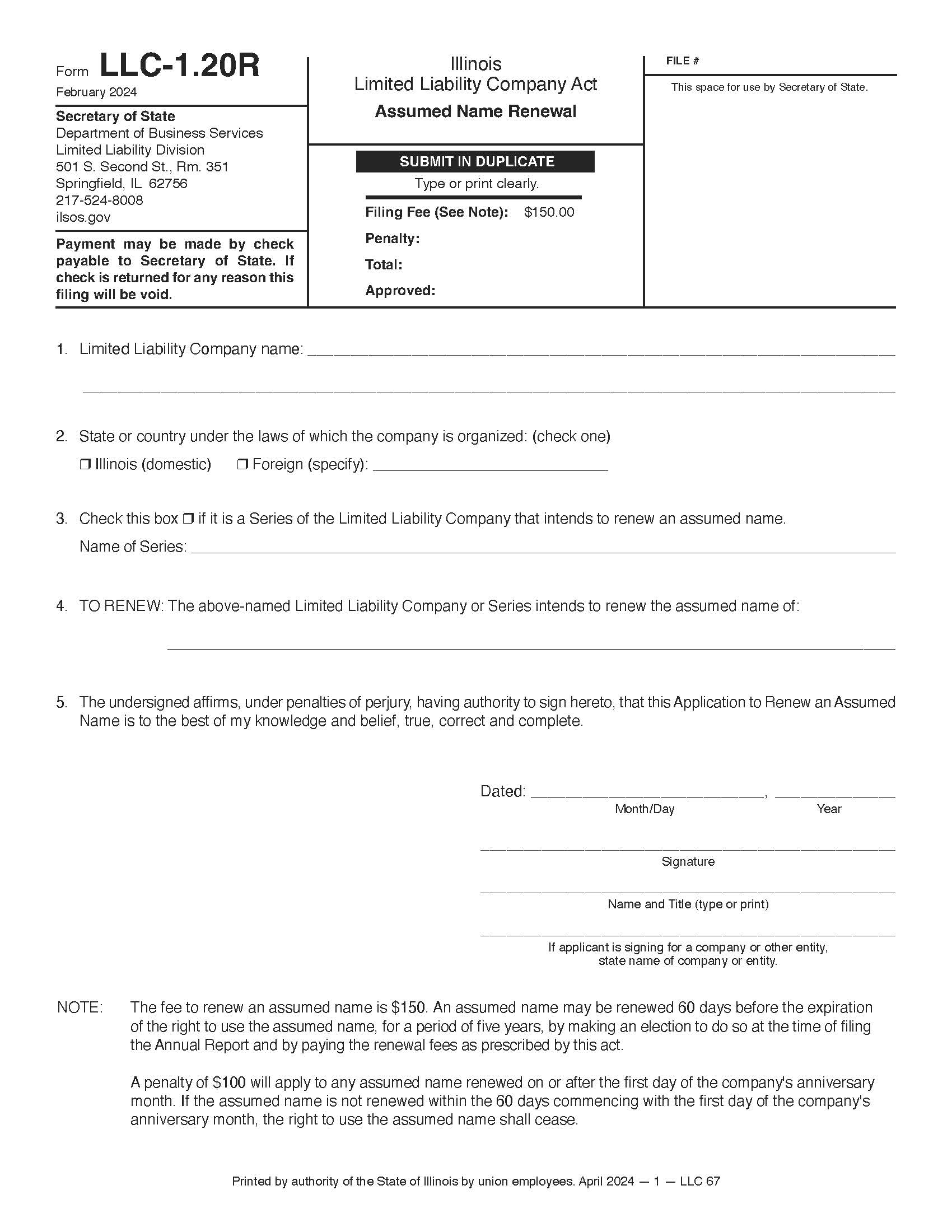 Assumed Name Renewal {LLC-1.20R} | Pdf Fpdf Docx | Illinois