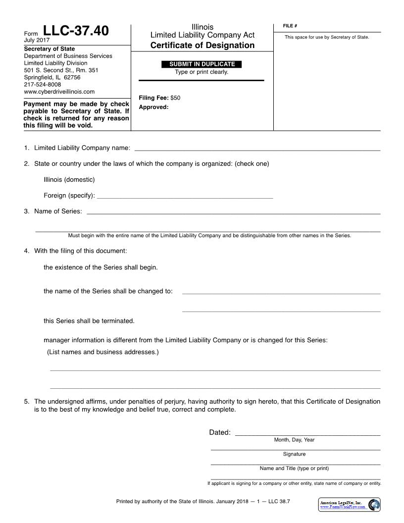 Certificate Of Designation {LLC-37.40} | Pdf Fpdf Docx | Illinois