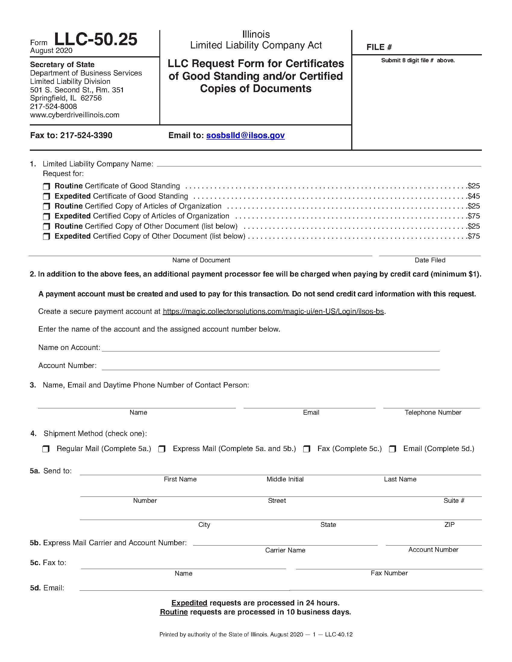 LLC Request Form Certificates Good Standing Copies Of Certififed Documents {LLC-50.25} | Pdf Fpdf Docx | Illinois