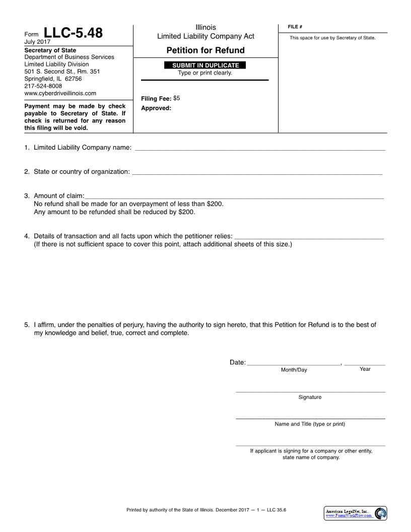 Petition For Refund {LLC-5.48} | Pdf Fpdf Docx | Illinois