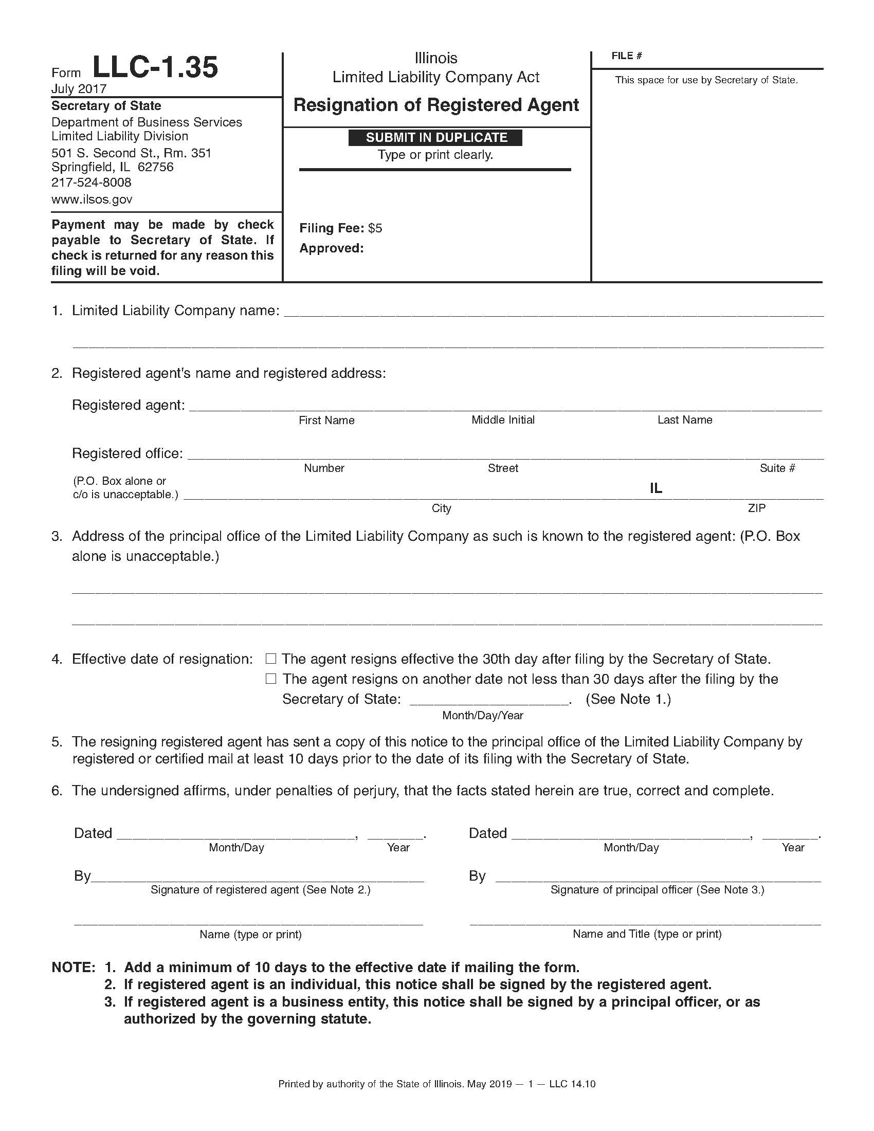 Resignation Of Registered Agent {LLC-1.35} | Pdf Fpdf Docx | Illinois