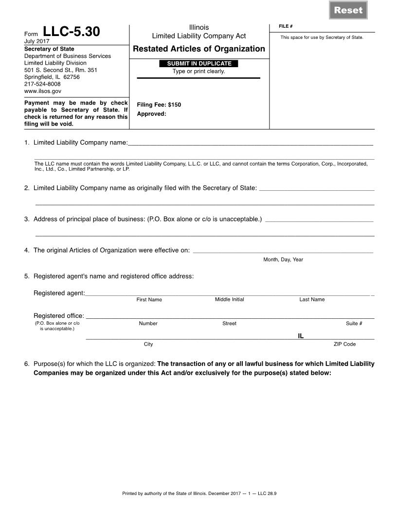 Restated Articles Of Organization {LLC-5.30} | Pdf Fpdf Docx | Illinois