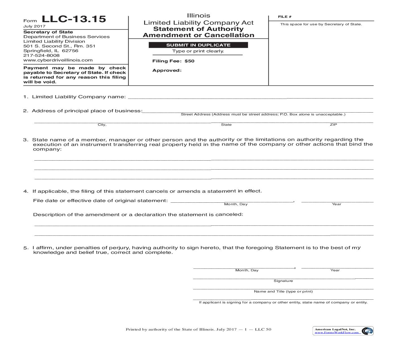 Statement Of Authority Amendment Or Cancellation {LLC-13.15} | Pdf Fpdf Doc Docx | Illinois