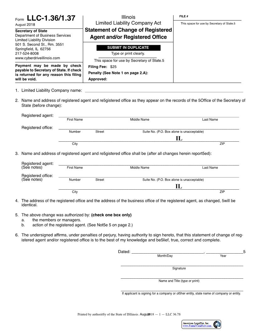 Statement Of Change Of Registered Agent Registered Office {LLC-1.36-1.37} | Pdf Fpdf Docx | Illinois