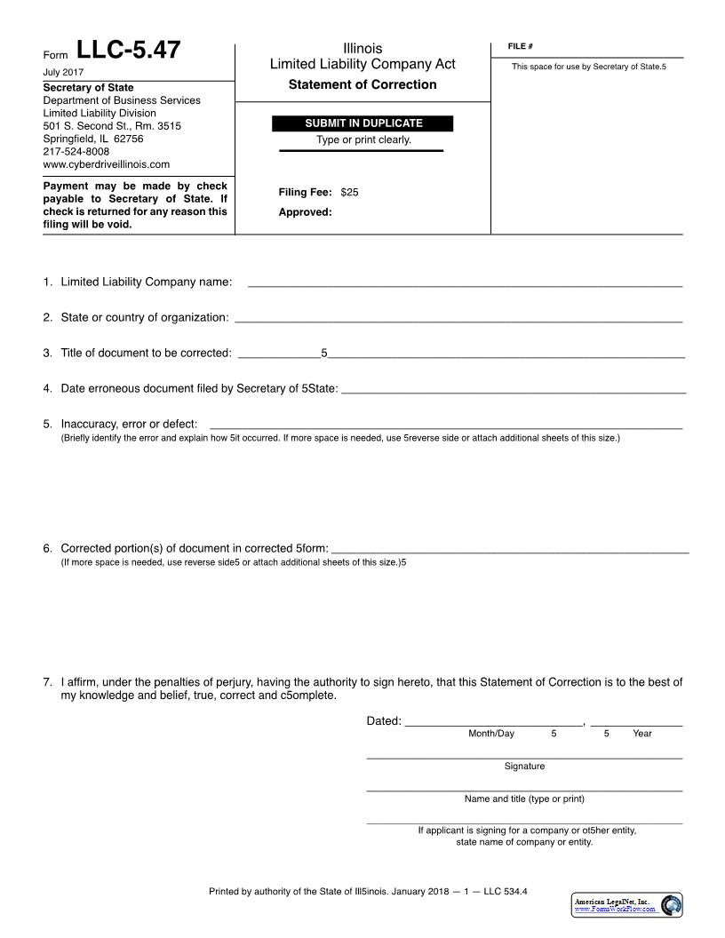 Statement Of Correction {LLC-5.47} | Pdf Fpdf Docx | Illinois