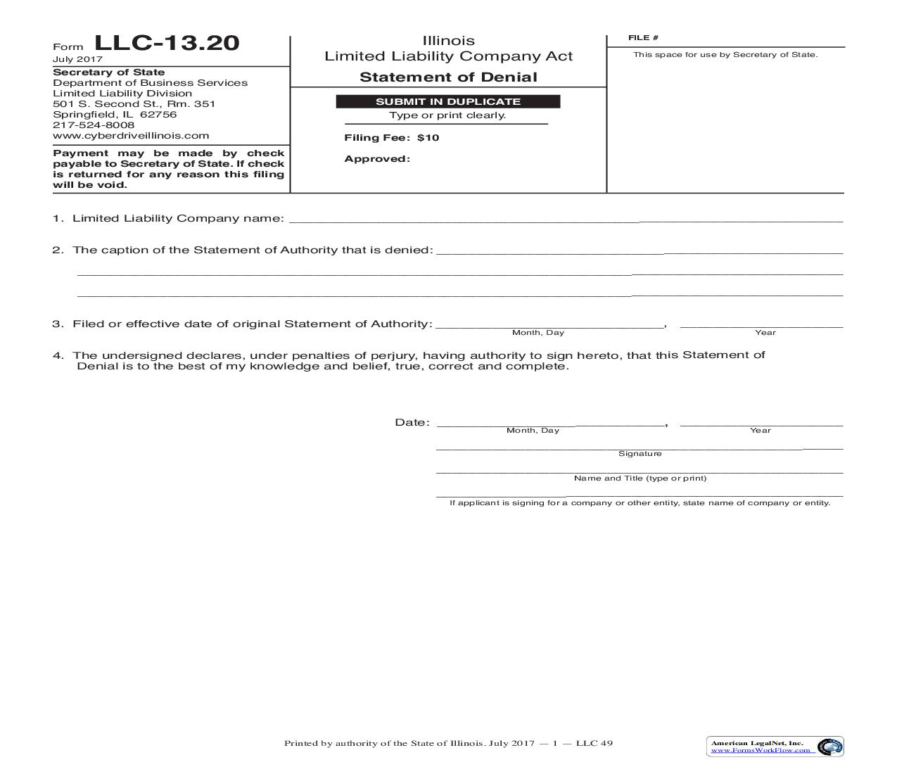 Statement Of Denial {LLC-13.20} | Pdf Fpdf Doc Docx | Illinois