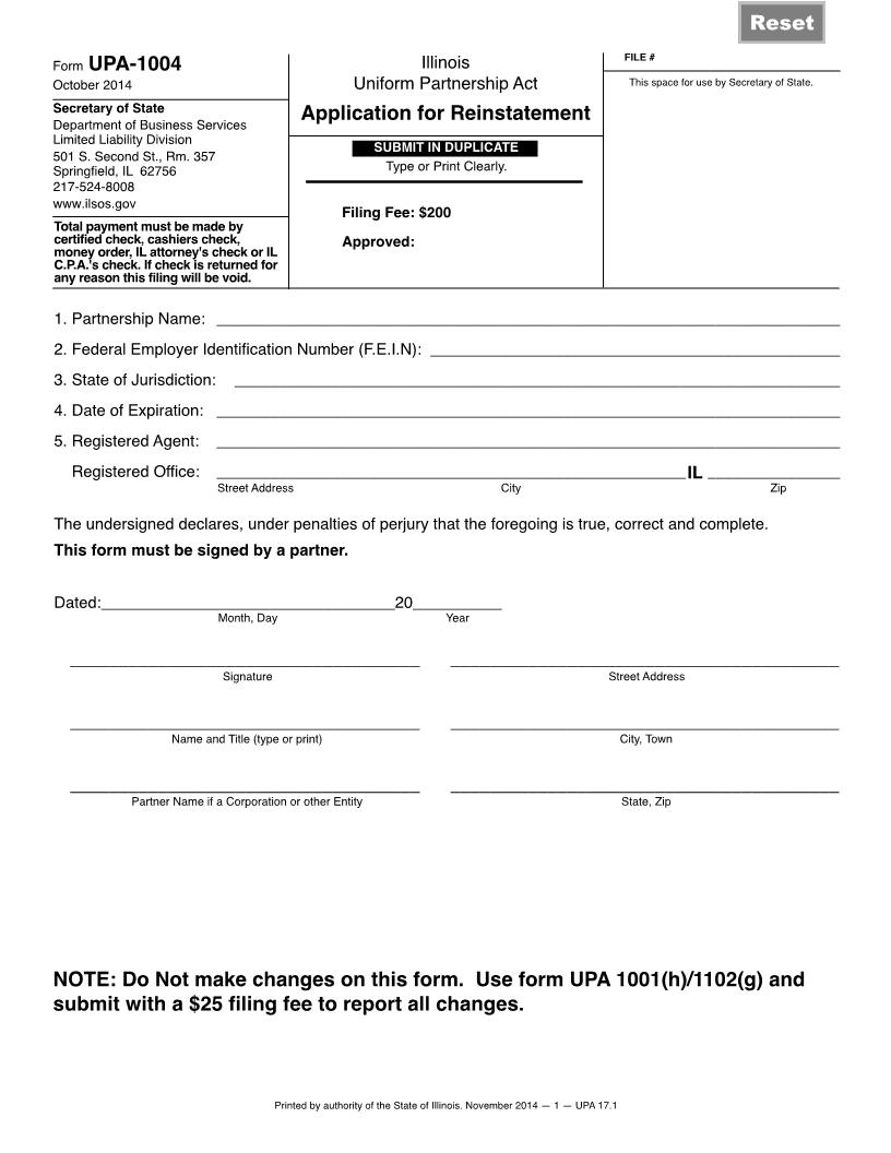 Application For Reinstatement {UPA-1004} | Pdf Fpdf Doc Docx | Illinois