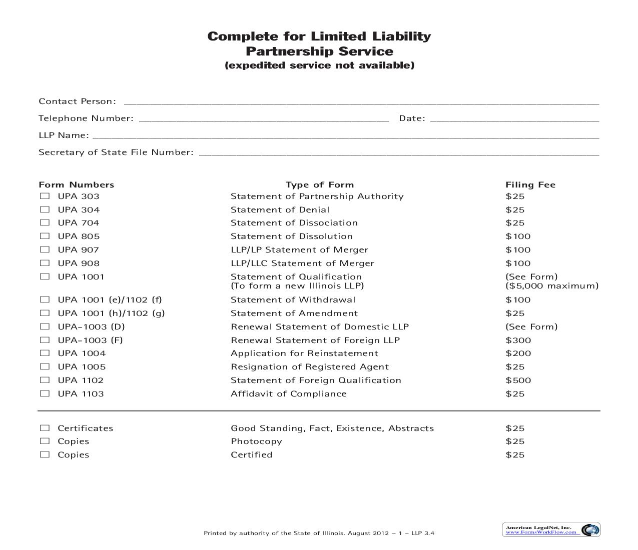 Complete For LLP Service {LLP 3} | Pdf Fpdf Doc Docx | Illinois