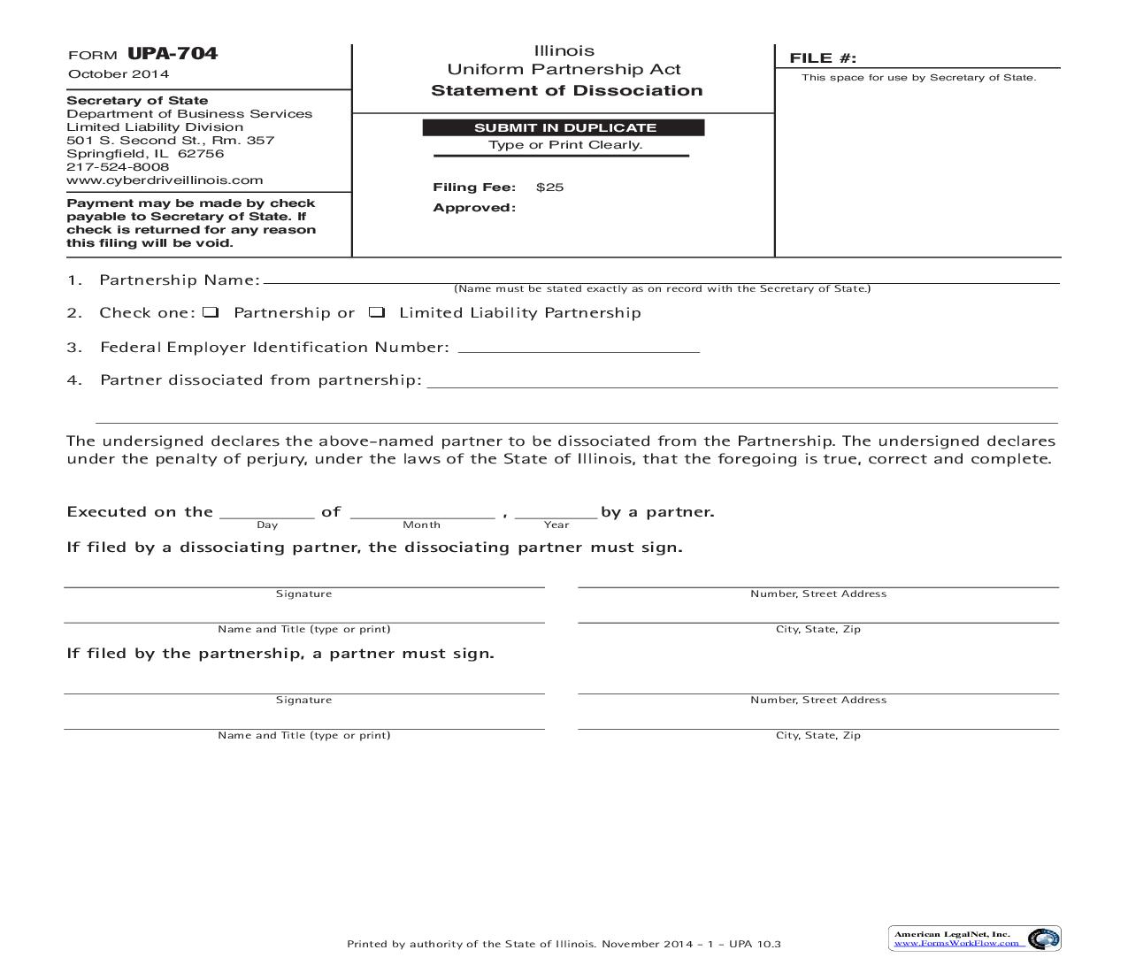 Limited Liability Partnership Statement Of Dissociation {UPA-704} | Pdf Fpdf Doc Docx | Illinois