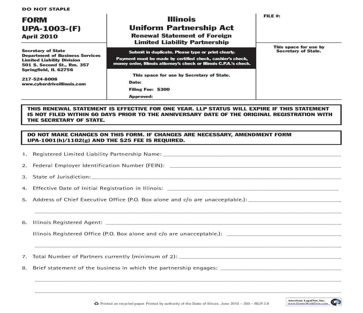 Renewal Statement Of Foreign Limited Liability Partnership {UPA-1003-(F)} | Pdf Fpdf Doc Docx | Illinois
