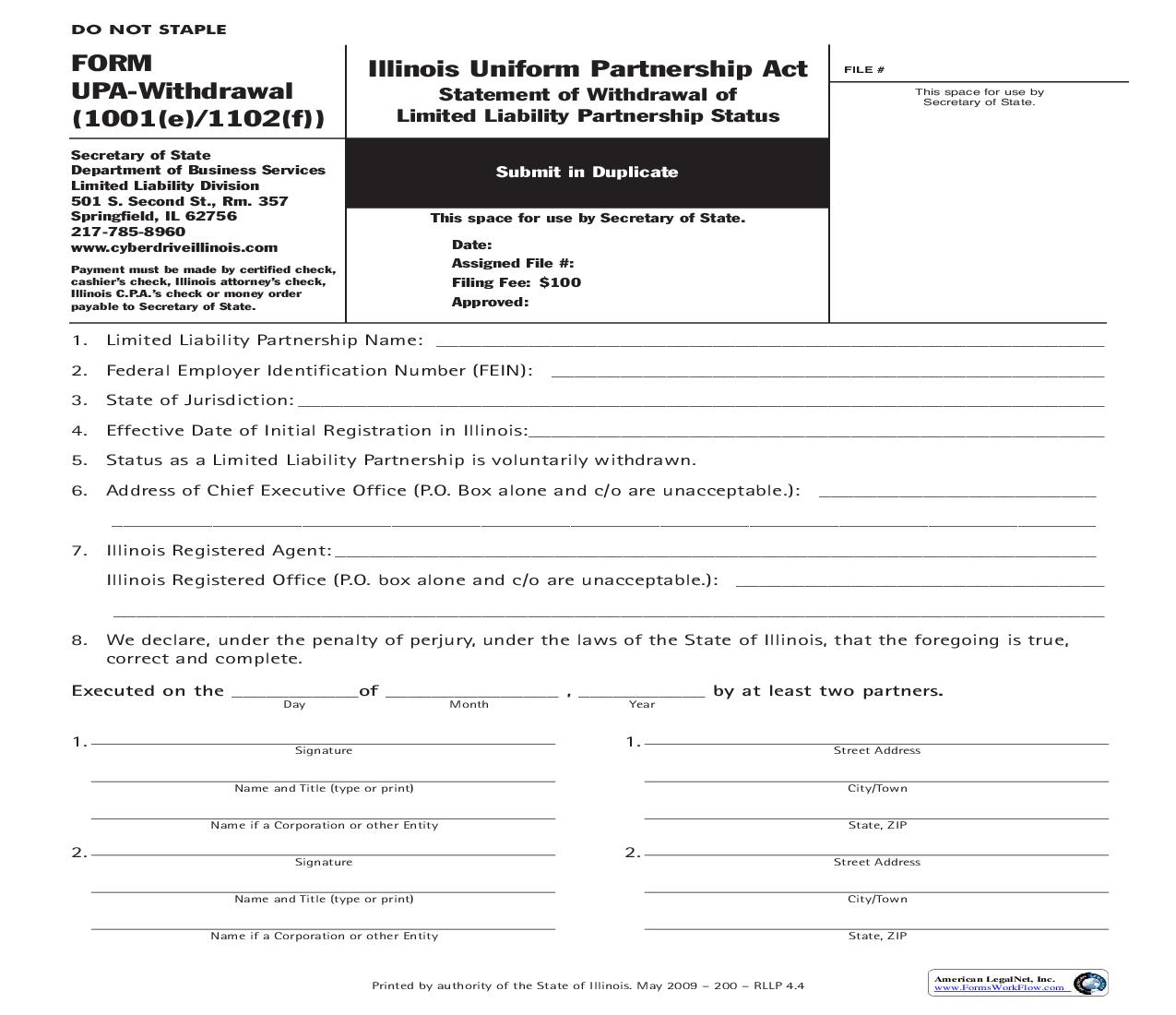 Statement Of Withdrawal Of Limited Liability Partnership Status {UPA-1001(E)-1102f(F)} | Pdf Fpdf Doc Docx | Illinois