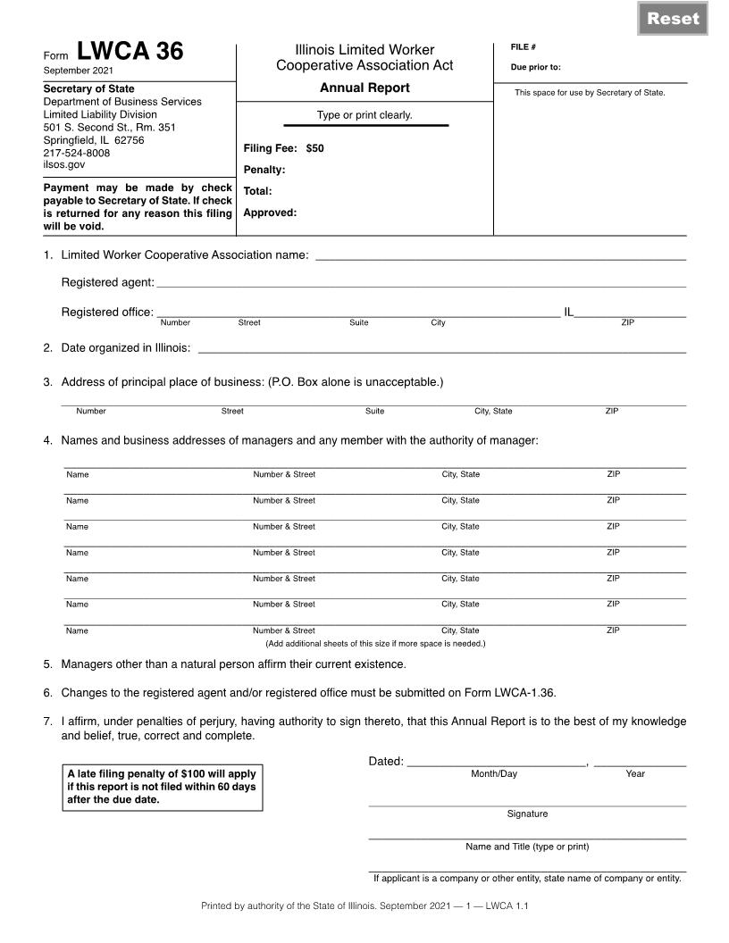 Annual Report (IL Ltd Worker Coop Assn Act) {LWCA-36} | Pdf Fpdf Docx | Illinois