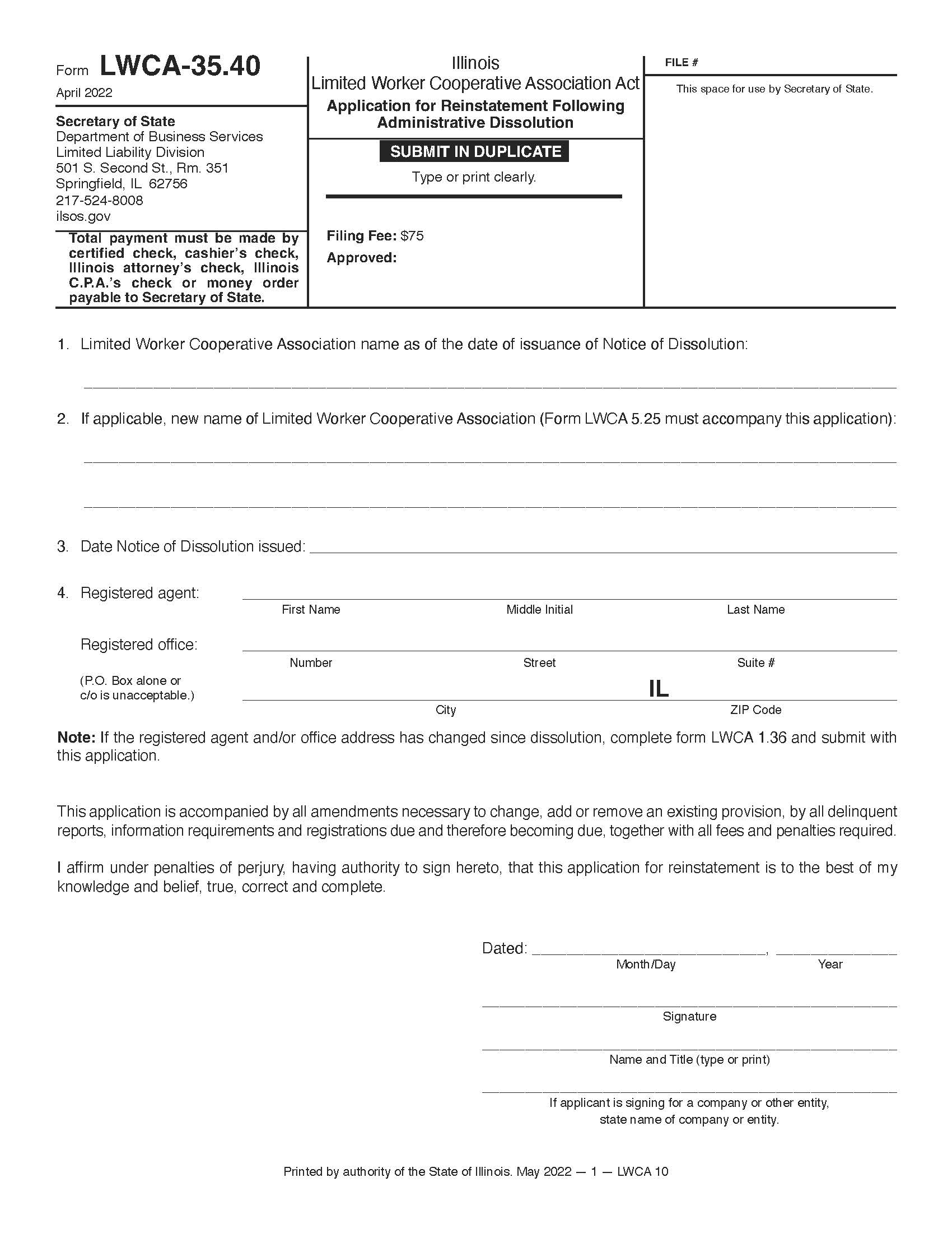 Application For Reinstatement Following Administrative Dissolution (Ltd Worker Coop Assn) {LWCA-35.40} | Pdf Fpdf Docx | Illinois