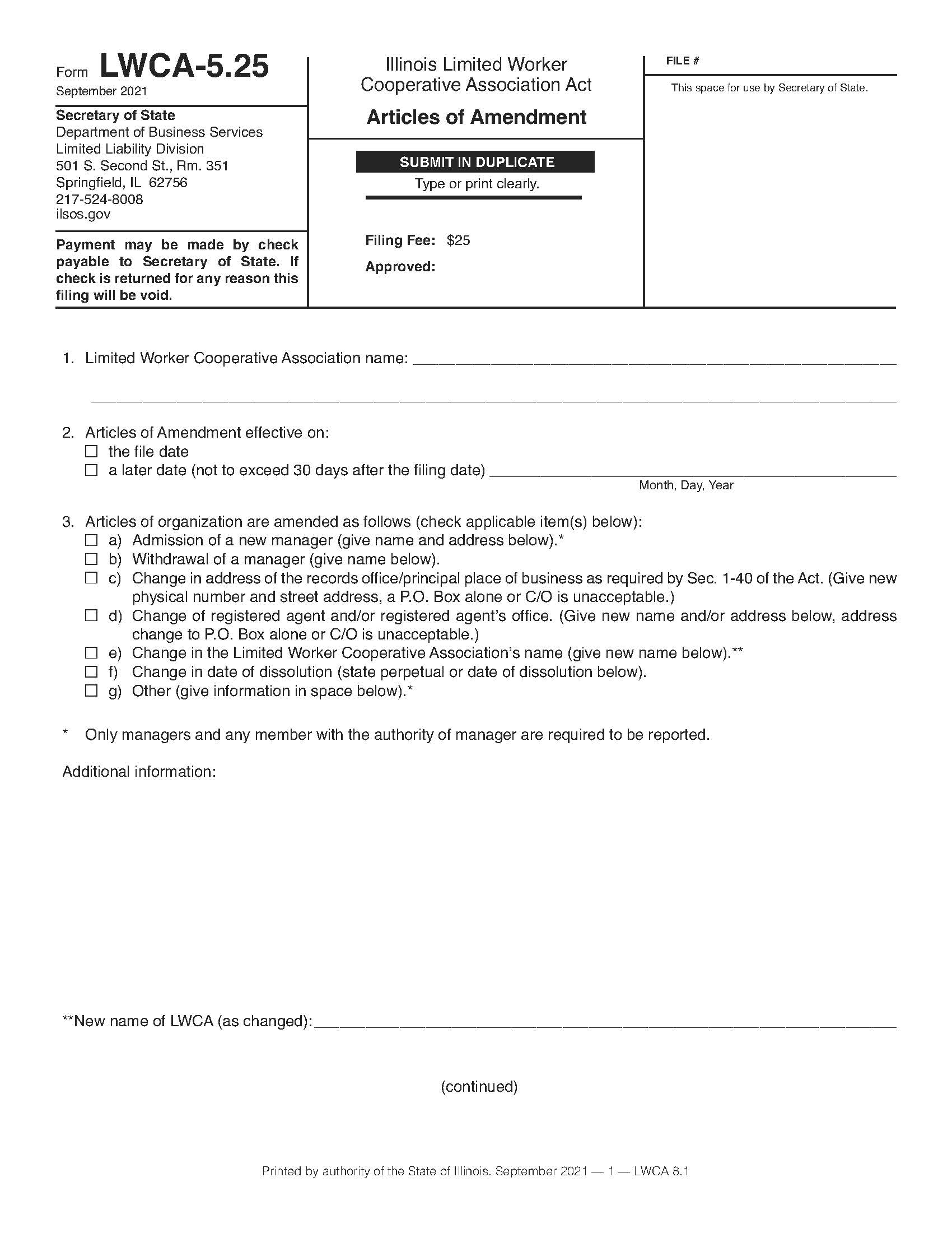 Articles Of Amendment (IL Ltd Worker Coop Assn Act) {LWCA-5.25} | Pdf Fpdf Docx | Illinois