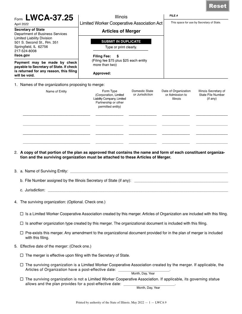 Articles Of Merger (IL Ltd Worker Coop Assn Act) {LWCA-37.25} | Pdf Fpdf Docx | Illinois
