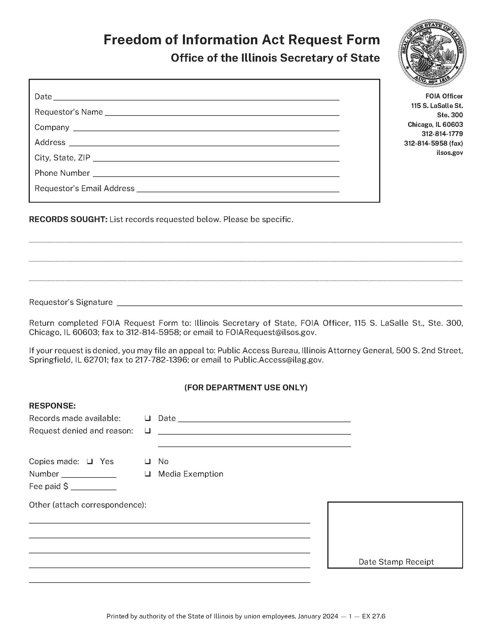 Freedom Of Information Act Request Form {EX 27.6} | Pdf Fpdf Docx | Illinois