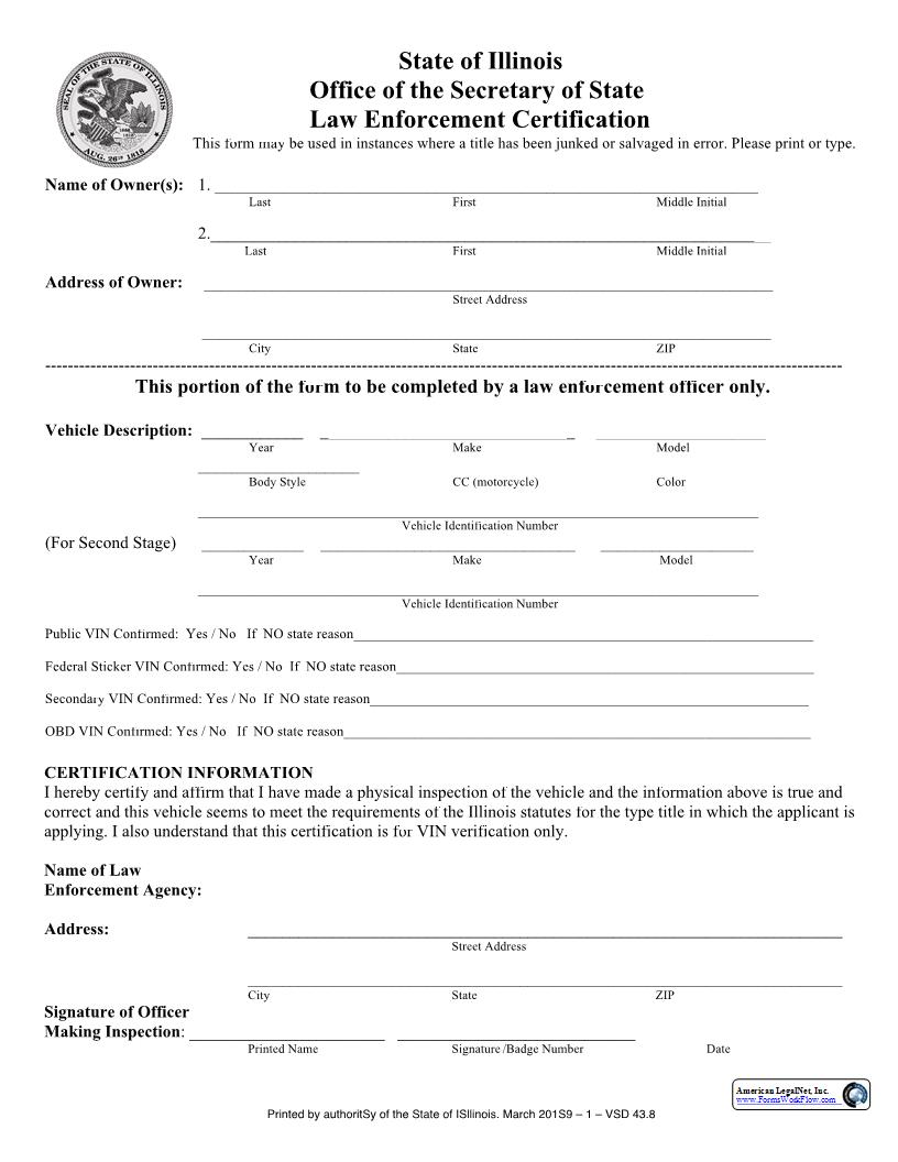Law Enforcement Certification (Motor Vehicle-Odometer) {VSD-43.8} | Pdf Fpdf Docx | Illinois