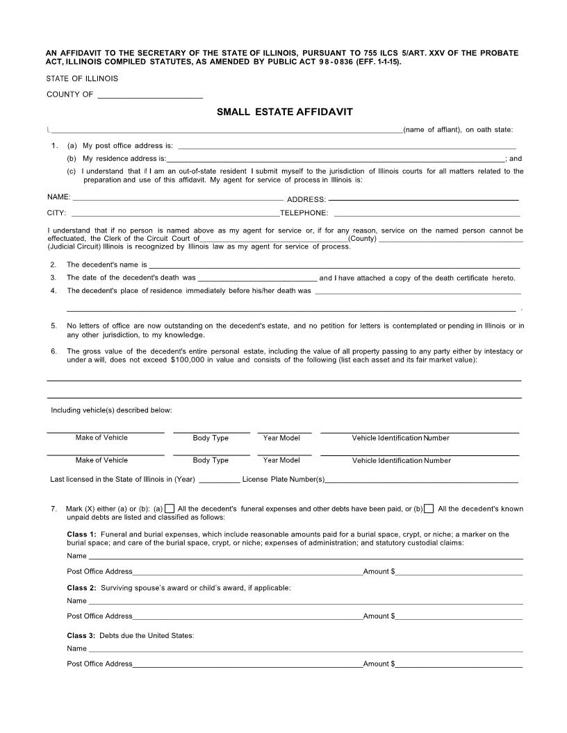 Small Estate Affidavit {RTOPR 31} | Pdf Fpdf Doc Docx | Illinois