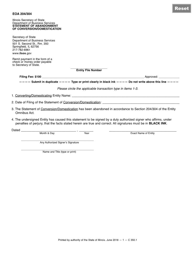 Statement Of Abandonment Of Conversion Or Domestication {EOA 204 EOA 304} | Pdf Fpdf Docx | Illinois