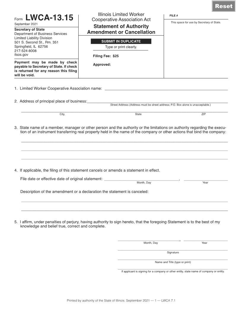 Statement Of Authority Amendment Or Cancellation (IL Ltd Worker Coop Assn Act) {LWCA-13.15} | Pdf Fpdf Docx | Illinois