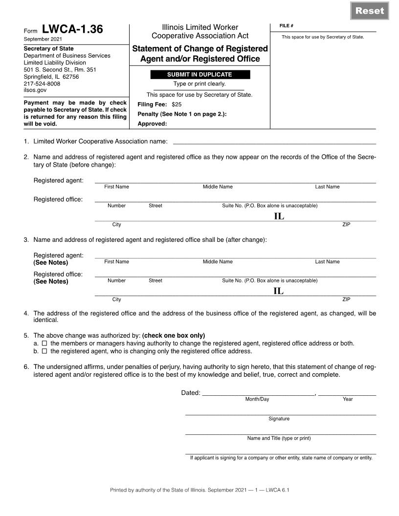 Statement Of Change Registered Agent-Office (IL Ltd Worker Coop Assn Act) {LWCA-1.36} | Pdf Fpdf Docx | Illinois