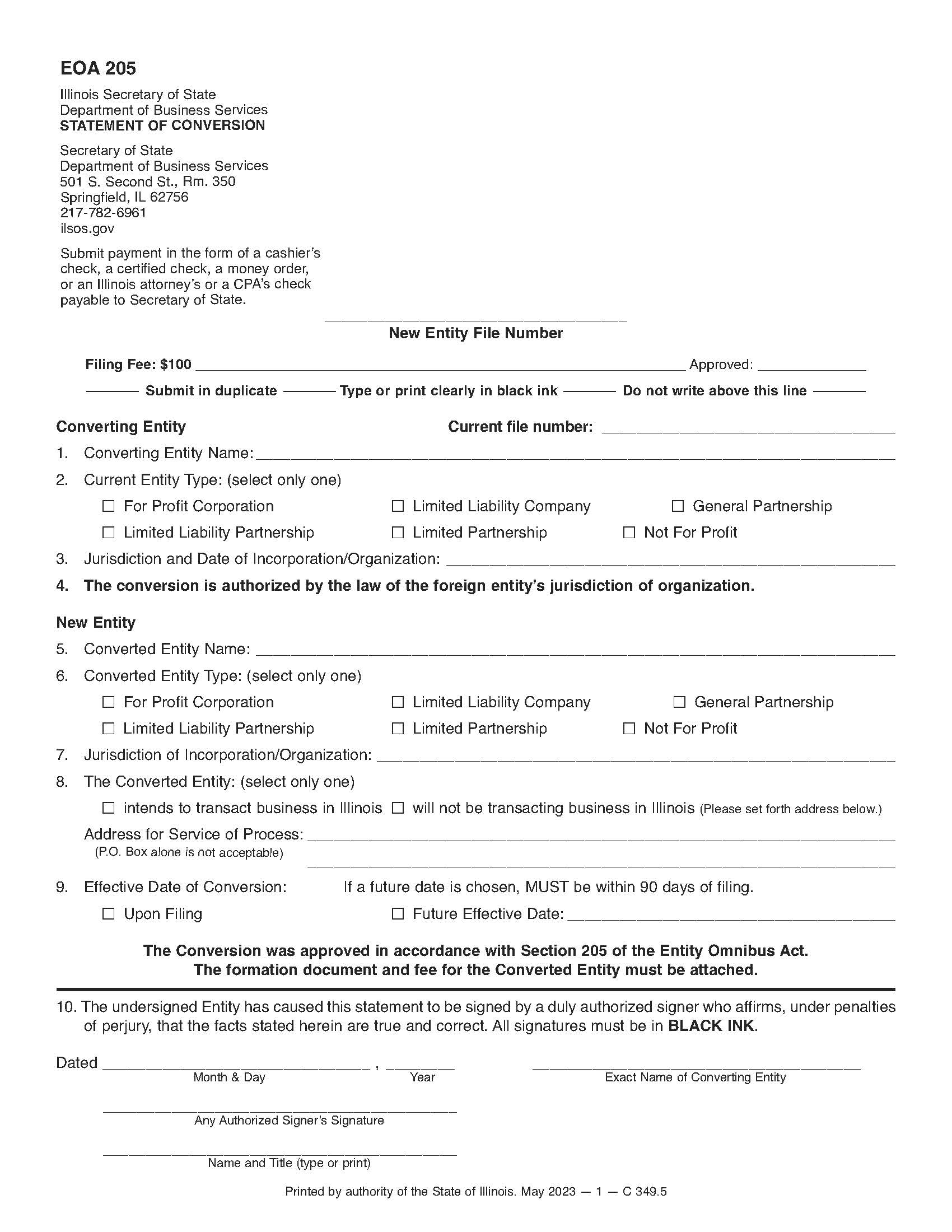 Statement Of Conversion {EOA 205} | Pdf Fpdf Docx | Illinois