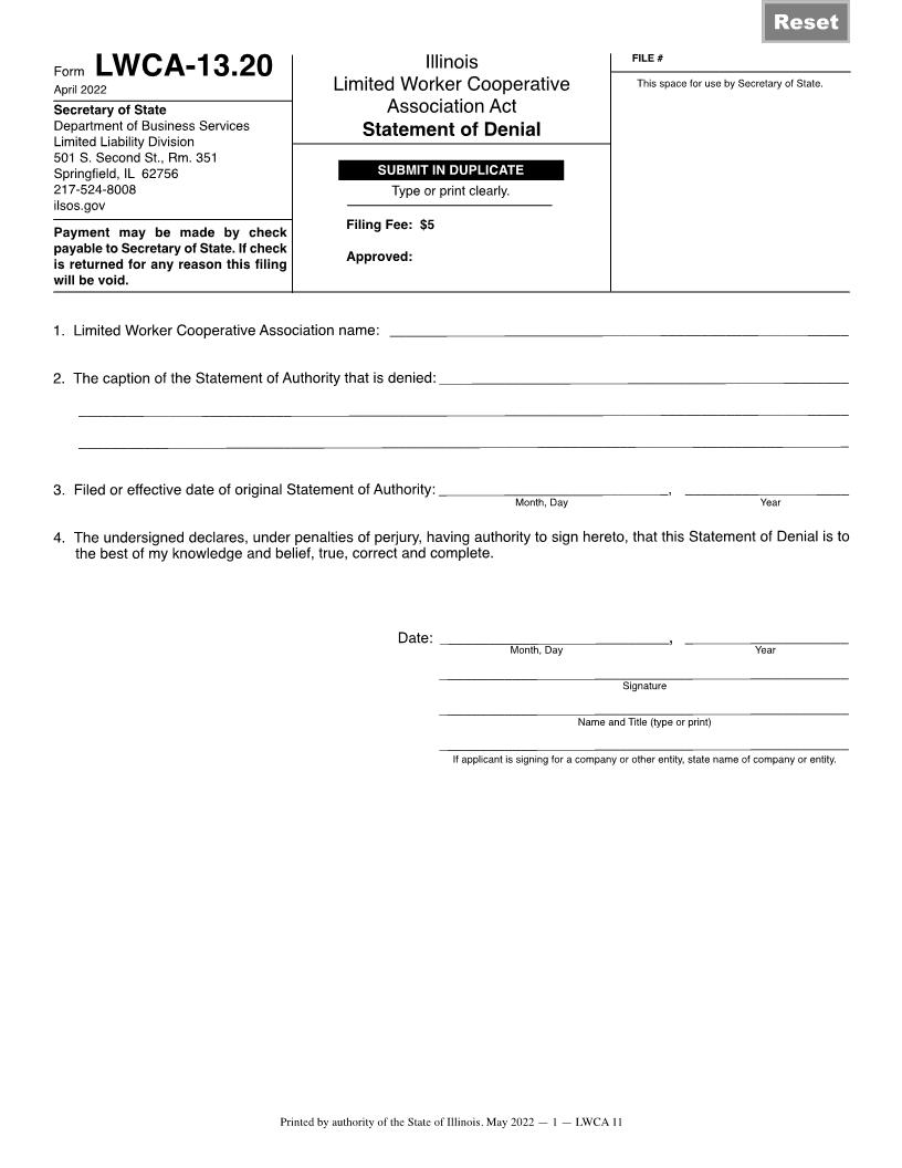 Statement Of Denial (IL Ltd Worker Coop Assn Act) {LWCA-13.20} | Pdf Fpdf Docx | Illinois