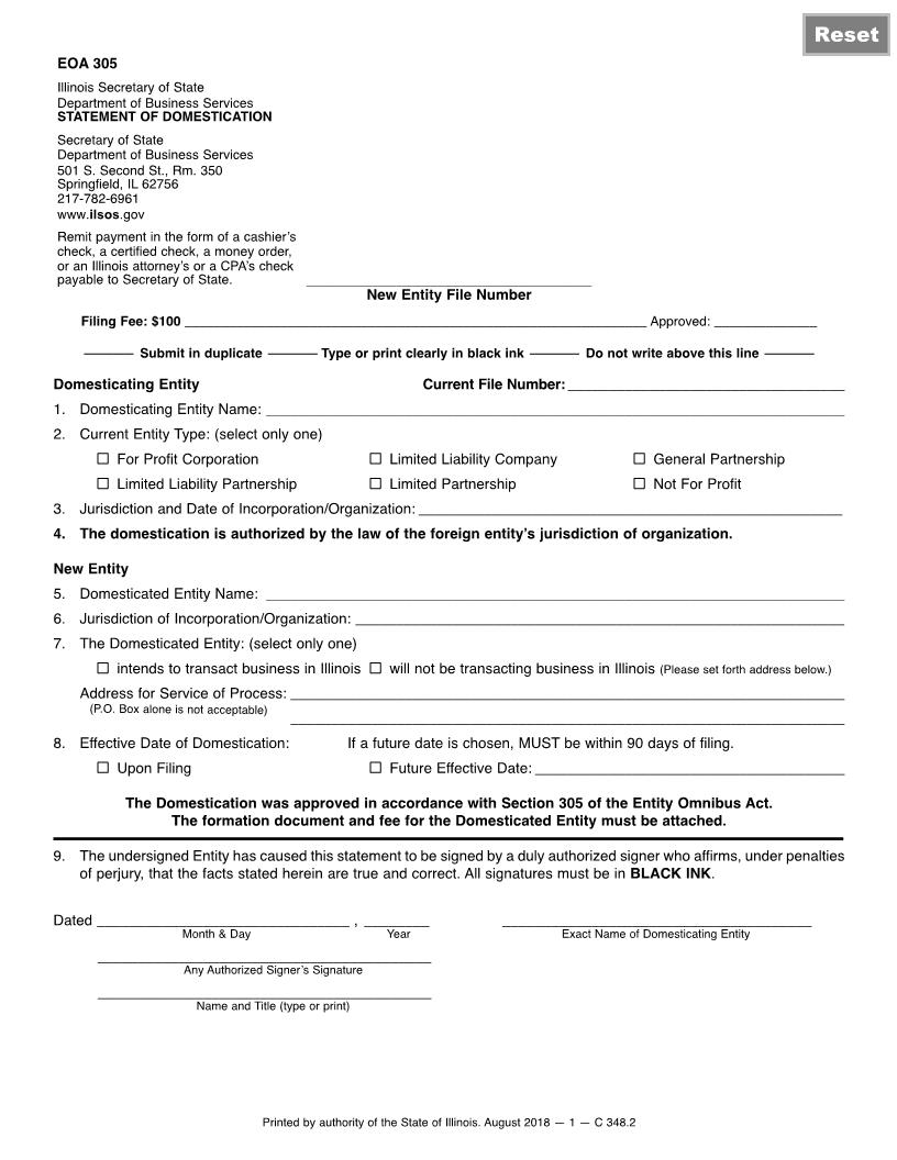 Statement Of Domestication {EOA 305} | Pdf Fpdf Docx | Illinois