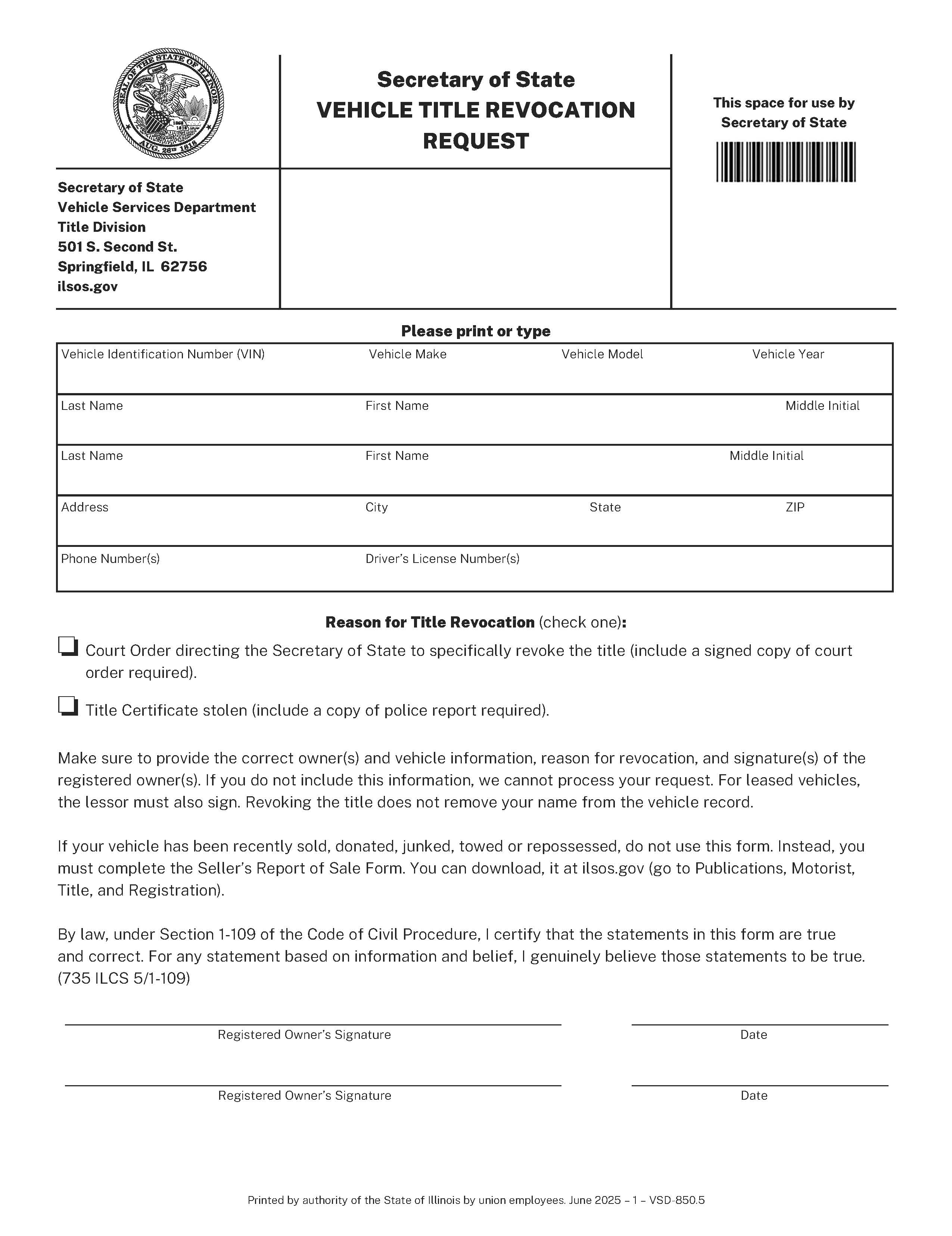 Vehicle Title Revocation Request {VSD-850} | Pdf Fpdf Doc Docx | Illinois