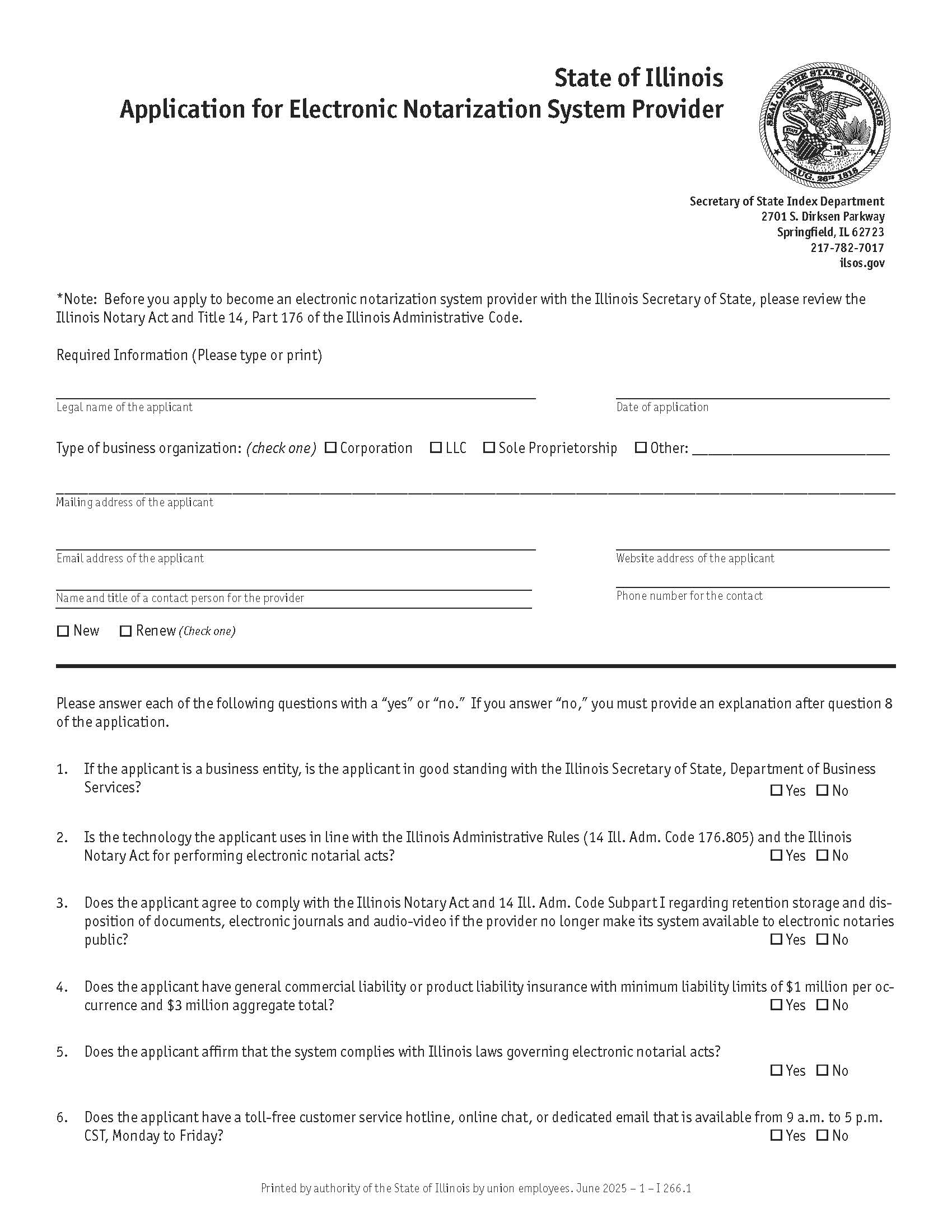 Application For Electronic Notarization System Provider | Pdf Fpdf Doc Docx | Illinois