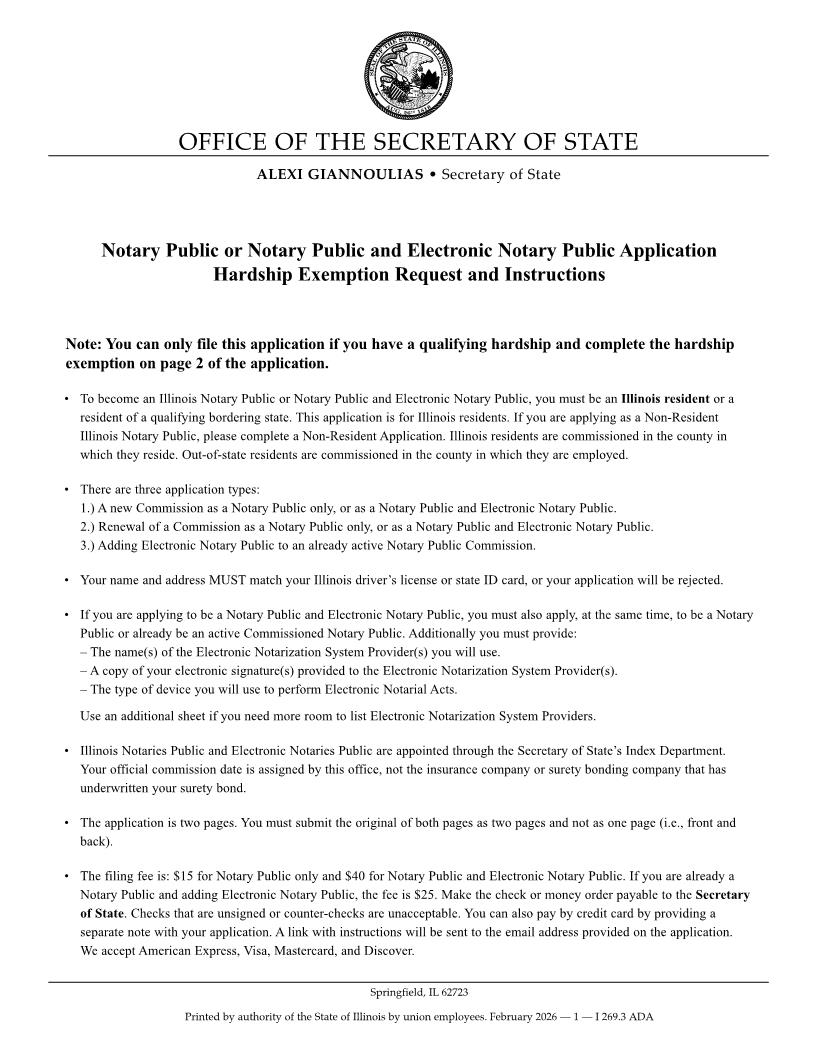 Notary Public Application And Hardship Exemption Request | Pdf Fpdf Doc Docx | Illinois