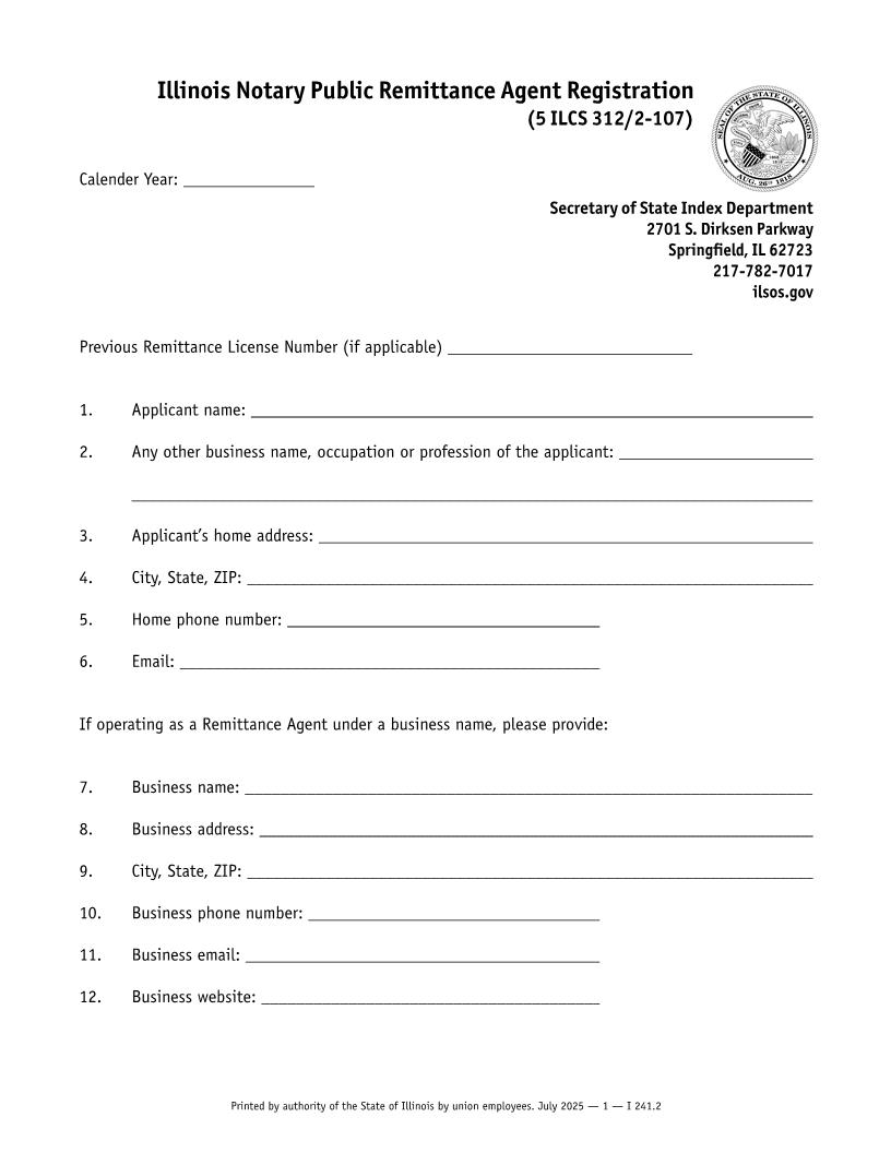 Notary Public Remittance Agent Registration | Pdf Fpdf Docx | Illinois